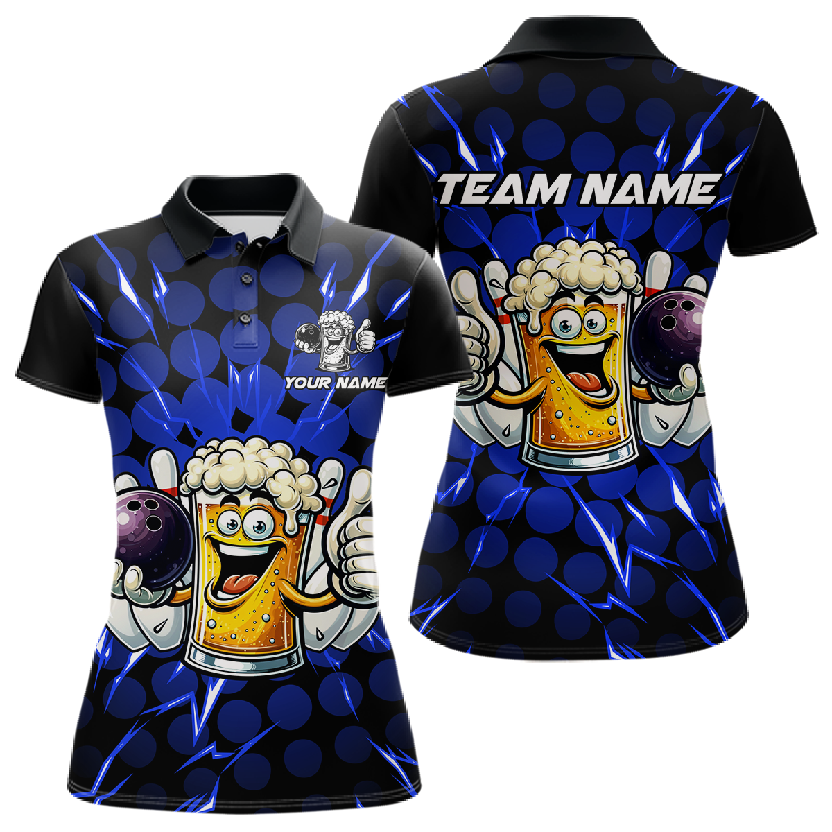 Custom Blue Funny Beer Bowling Jersey for Women Bowling Team Shirts Polo & 1/4 Zip HNT187