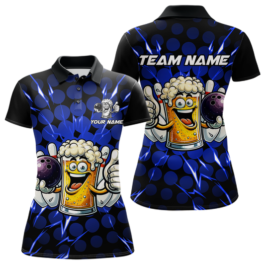 Custom Blue Funny Beer Bowling Jersey for Women Bowling Team Shirts Polo & 1/4 Zip HNT187