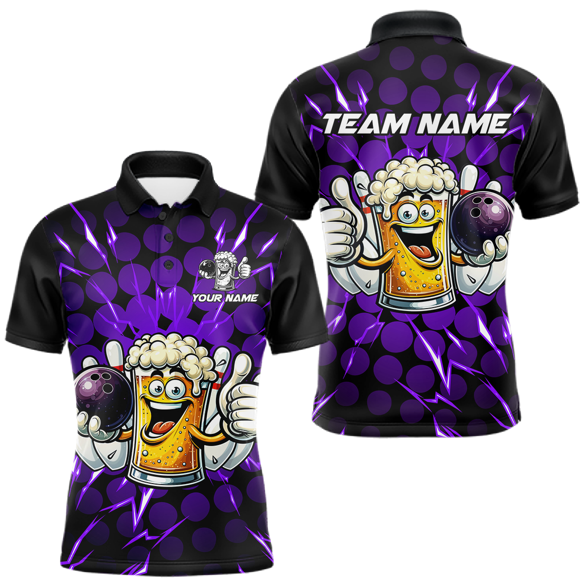 Custom Purple Funny Beer Bowling Jersey for Men Bowling Team Shirts Polo & 1/4 Zip HNT187
