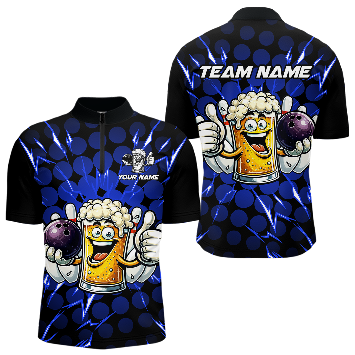 Custom Blue Funny Beer Bowling Jersey for Men Bowling Team Shirts Polo & 1/4 Zip HNT187