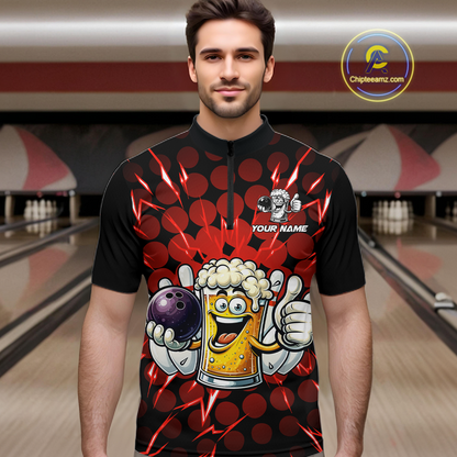 Custom Red Funny Beer Bowling Jersey for Men Bowling Team Shirts Polo & 1/4 Zip HNT187