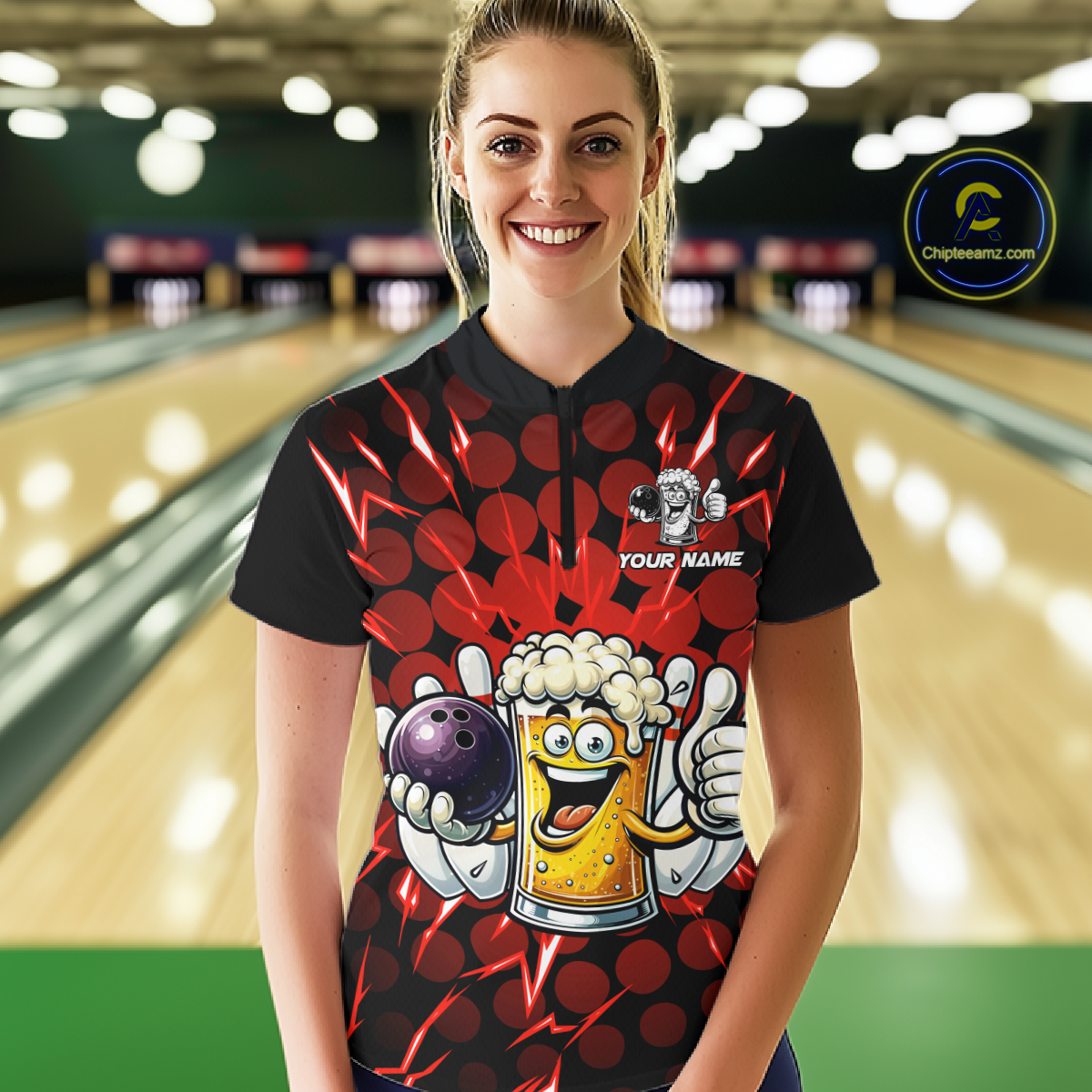 Custom Red Funny Beer Bowling Jersey for Women Bowling Team Shirts Polo & 1/4 Zip HNT187