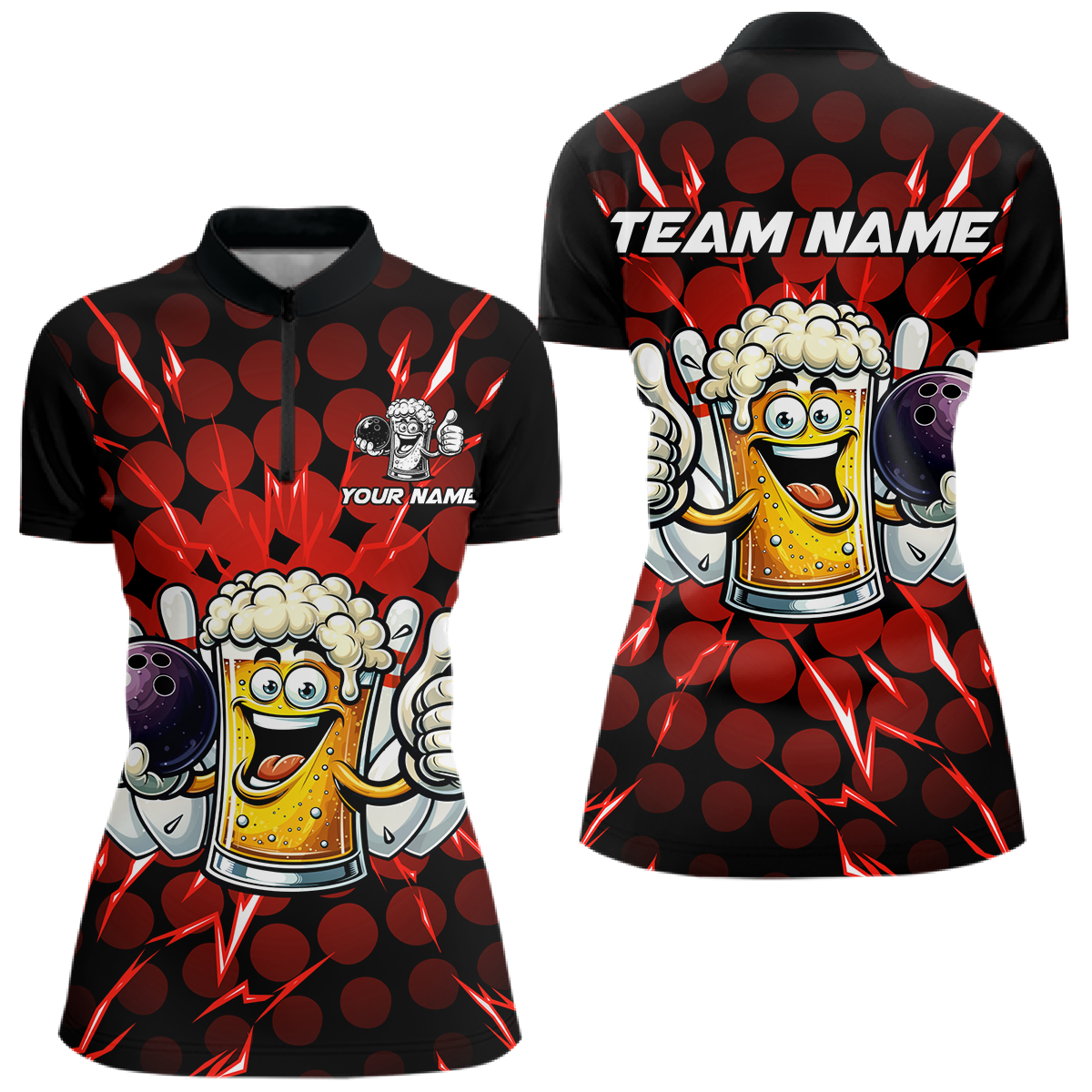 Custom Red Funny Beer Bowling Jersey for Women Bowling Team Shirts Polo & 1/4 Zip HNT187