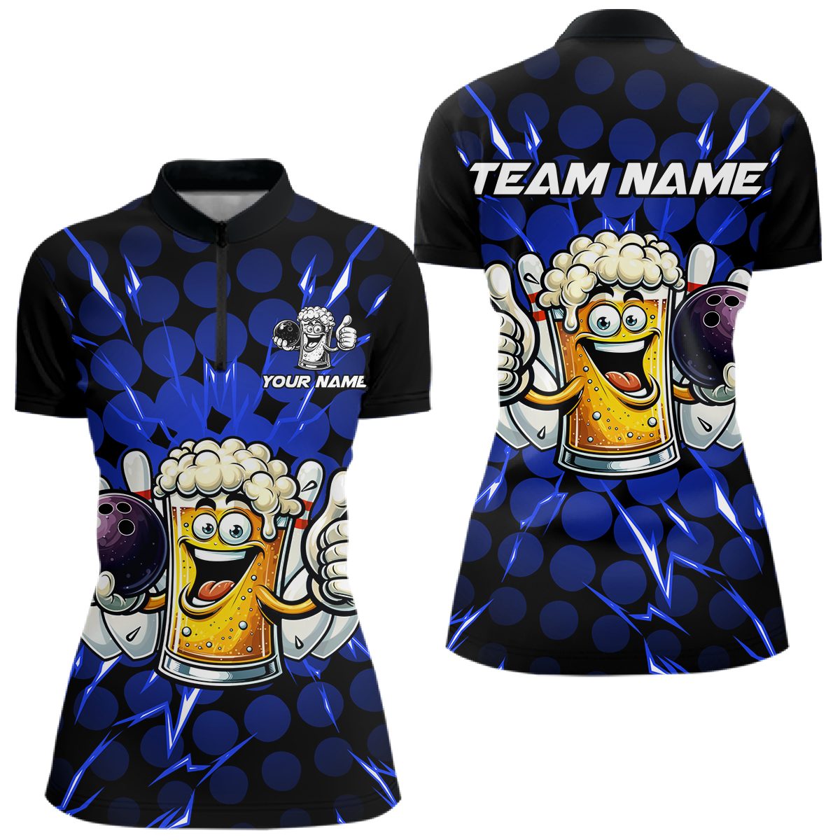 Custom Blue Funny Beer Bowling Jersey for Women Bowling Team Shirts Polo & 1/4 Zip HNT187