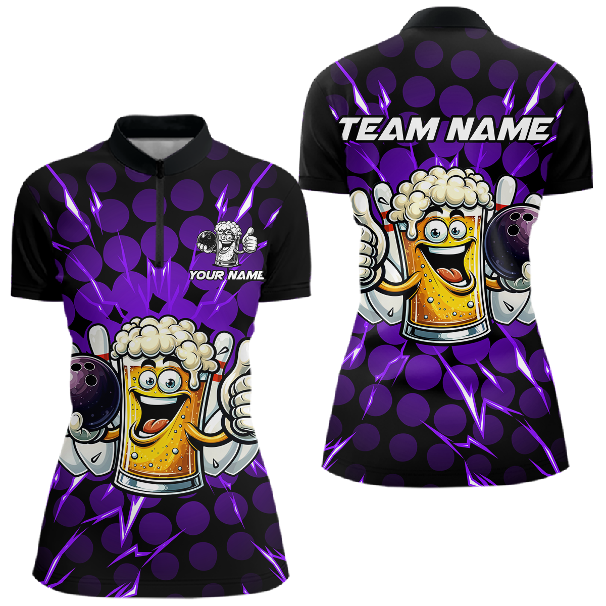 Custom Purple Funny Beer Bowling Jersey for Women Bowling Team Shirts Polo & 1/4 Zip HNT187