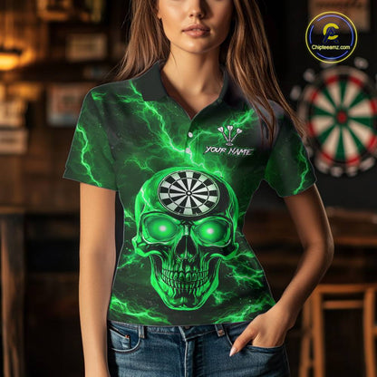 Custom Green Lightning Thunder Skull Dart Shirts For Women Darts Team Jerseys Polo & 1/4 Zip NNT135
