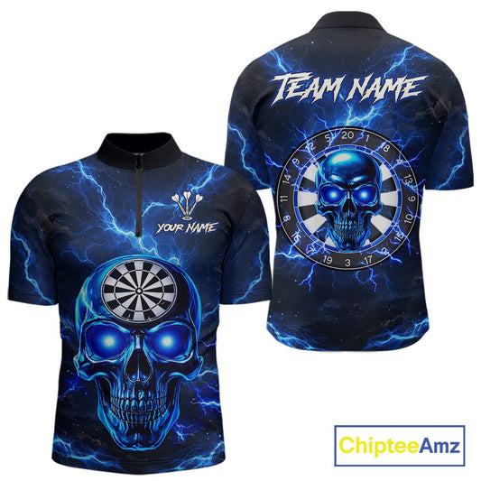 Custom Blue Lightning Thunder Skull Dart Shirts For Men Darts Team Jerseys Polo & 1/4 Zip NNT135