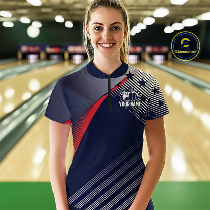 Custom US Flag Bowling Jersey for Women Bowling Team Shirts Bowling Uniform Polo & 1/4 Zip HNT165
