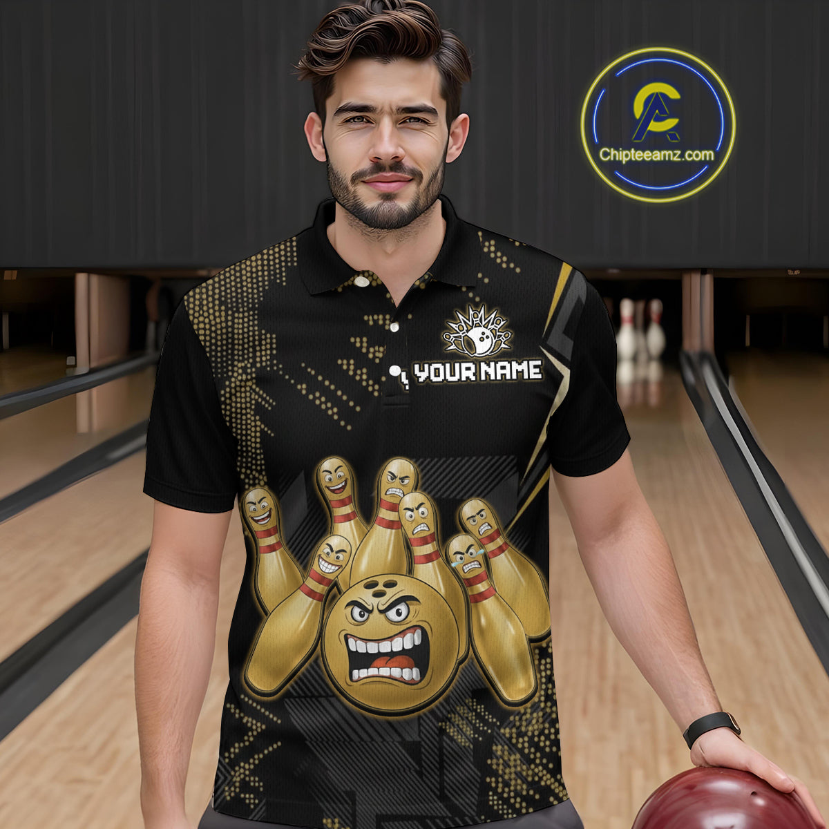 Custom Black and Gold Funny Bowling Jersey for Men Bowling Team Shirts Polo & 1/4 Zip HNT177