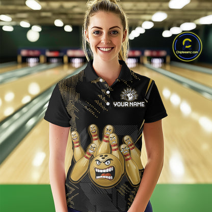 Custom Black and Gold Funny Bowling Jersey for Women Bowling Team Shirts Polo & 1/4 Zip HNT177