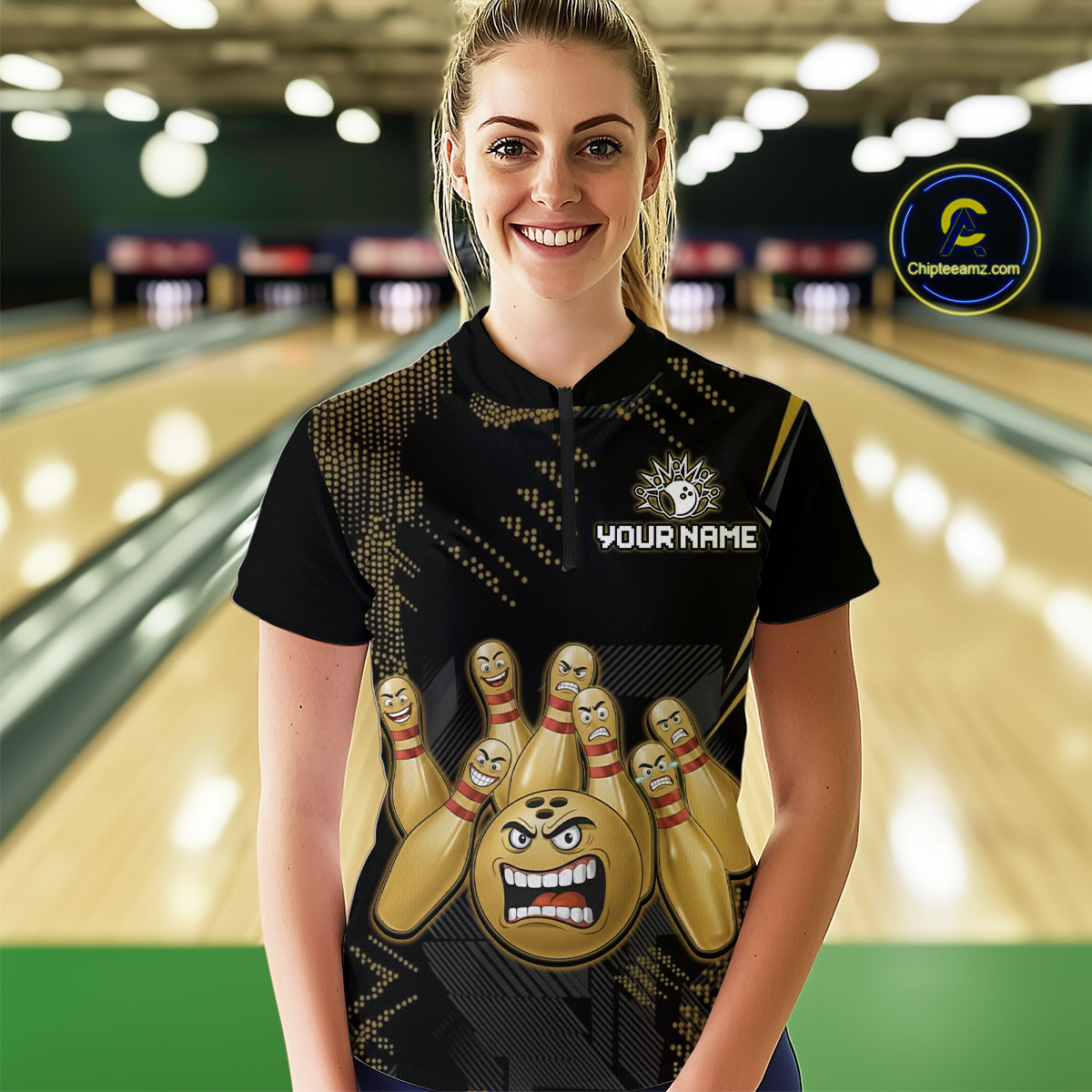 Custom Black and Gold Funny Bowling Jersey for Women Bowling Team Shirts Polo & 1/4 Zip HNT177