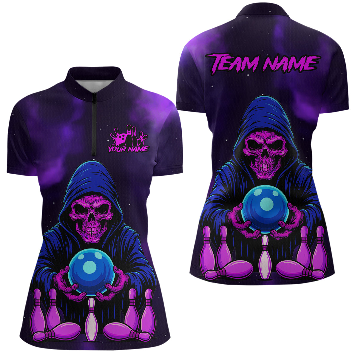 Custom Purple Grim Reaper Bowling Jersey for Women Bowling Team Shirts Polo & 1/4 Zip HNT132