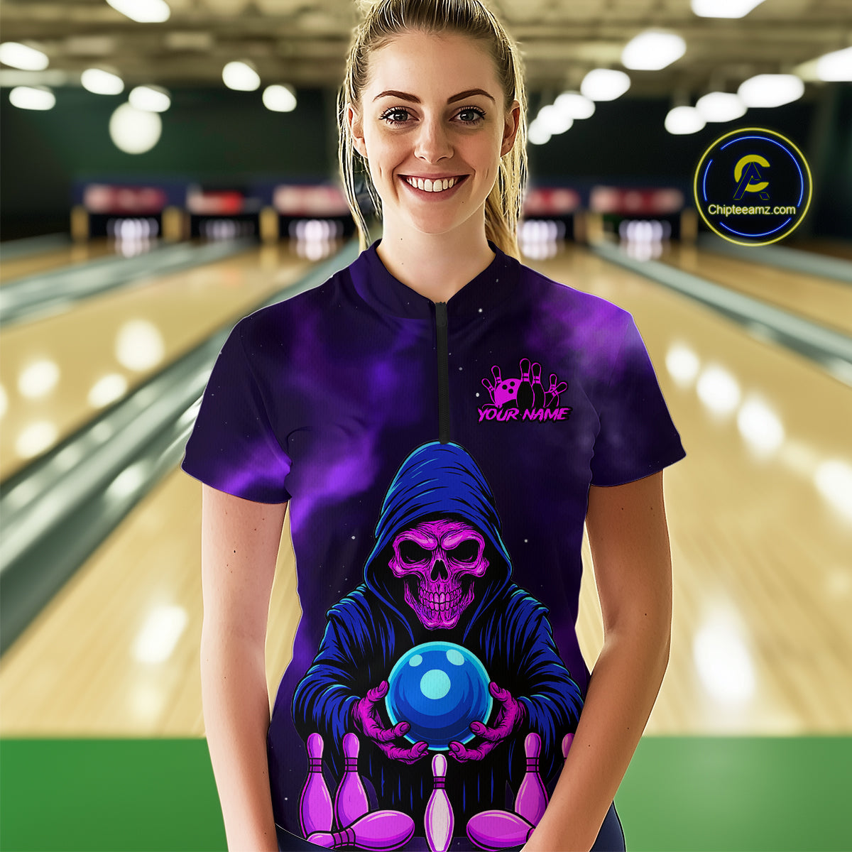 Custom Purple Grim Reaper Bowling Jersey for Women Bowling Team Shirts Polo & 1/4 Zip HNT132