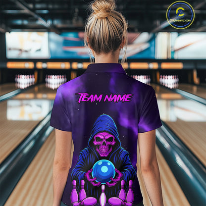 Custom Purple Grim Reaper Bowling Jersey for Women Bowling Team Shirts Polo & 1/4 Zip HNT132