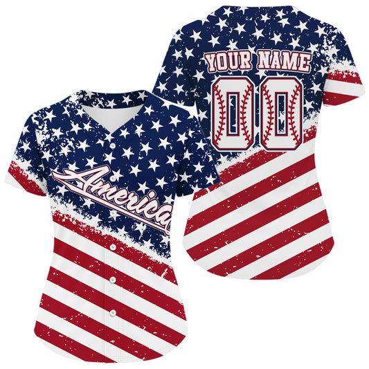Red And Blue American Flag Baseball Jersey For Women Custom Patriotic Youth Baseball Shirt NYN0859