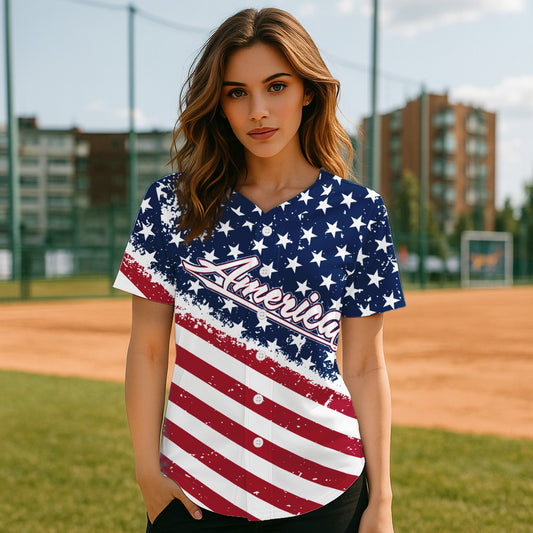 Red And Blue American Flag Baseball Jersey For Women Custom Patriotic Youth Baseball Shirt NYN0859