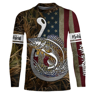 Walleye Fishing American Flag Custom Long Sleeve Shirts, Patriotic Fishing apparel TTN40