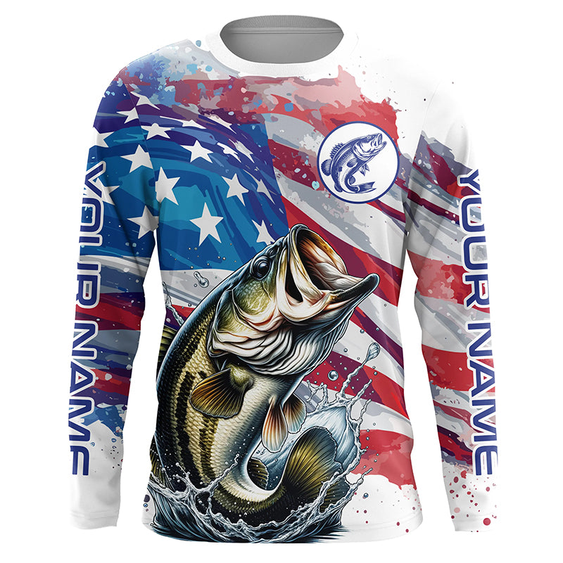 Personalized American Flag Bass Long Sleeve Fishing Shirts, Patriotic Bass Fishing Jerseys TTV127