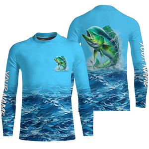 Mahi mahi fishing blue sea wave water camo Custom Name performance long sleeve fishing shirts TTV96