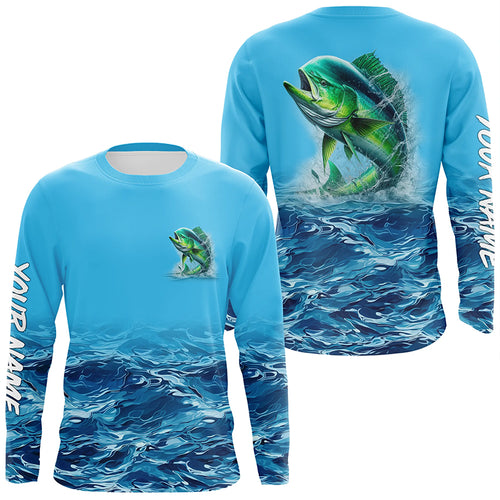 Mahi mahi fishing blue sea wave water camo Custom Name performance long sleeve fishing shirts TTV96