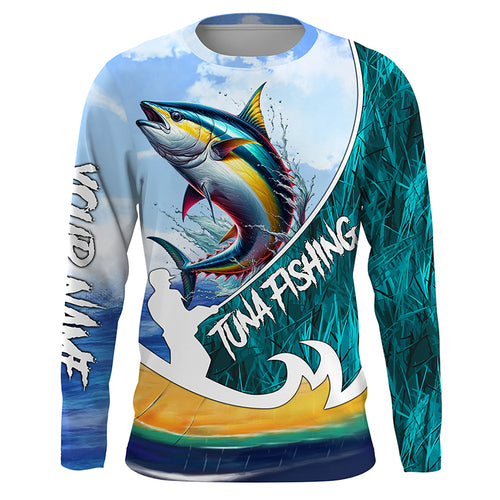 Tuna Fishing Custom Long Sleeve performance Fishing Shirts, Tuna Fishing jerseys | Blue Camo TTV90