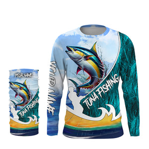 Tuna Fishing Custom Long Sleeve performance Fishing Shirts, Tuna Fishing jerseys | Blue Camo TTV90