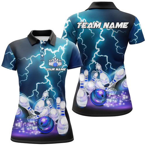 Women bowling polo shirts Custom blue lightning thunder Bowling Team Jersey, gift for team Bowlers TTV118