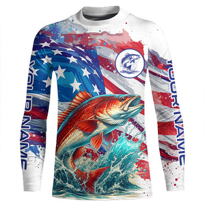 Custom Redfish Puppy Drum American Flag Long Sleeve Fishing Shirts, Patriotic Fishing Gifts TTV147