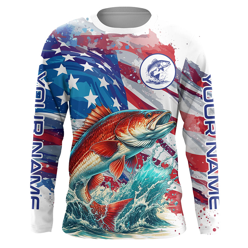 Custom Redfish Puppy Drum American Flag Long Sleeve Fishing Shirts, Patriotic Fishing Gifts TTV147