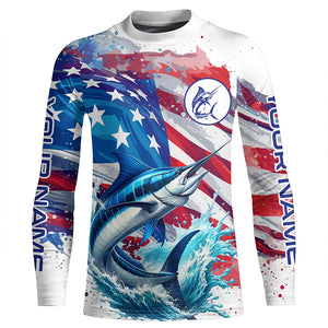 Personalized American Flag Marlin Fishing Shirts, Patriotic Marlin Long Sleeve Fishing Shirt TTV148