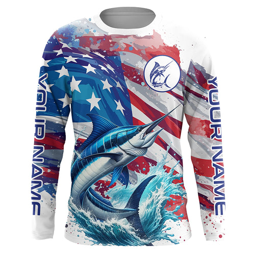 Personalized American Flag Marlin Fishing Shirts, Patriotic Marlin Long Sleeve Fishing Shirt TTV148