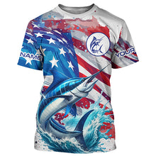 Load image into Gallery viewer, Personalized American Flag Marlin Fishing Shirts, Patriotic Marlin Long Sleeve Fishing Shirt TTV148