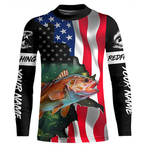 Custom Redfish Puppy Drum American Flag Long Sleeve Fishing Shirts, Patriotic Fishing Gifts TTV125