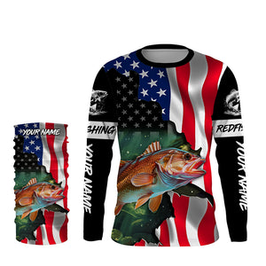 Custom Redfish Puppy Drum American Flag Long Sleeve Fishing Shirts, Patriotic Fishing Gifts TTV125