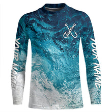 Load image into Gallery viewer, Fish on blue sea water camo Custom Name performance long sleeve fishing shirts uv protection TTV104