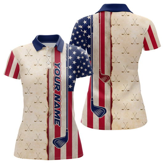 American Flag Vintage Golf Polo Shirts For Womens Custom Name, Patriotic Golf Gifts YYD0060