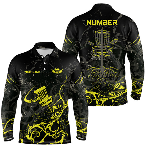 Yellow Camo Black Mens Disc Golf Polo Shirts Custom Disc Golf Basket Tree Personalized Golf Gifts For Men TY2