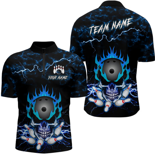 Blue Skull Fire Bowling Quarter Zip Shirts For Men Custom Name Bowling Team Jersey Shirt YYD0068