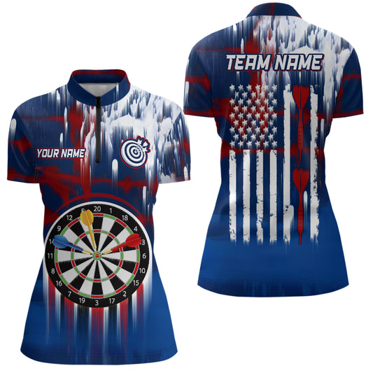 Dart American Blue Red Paint Darts Quarter-Zip Shirt Custom Patriotic Womens Darts Shirt Dart Jersey YYD0038