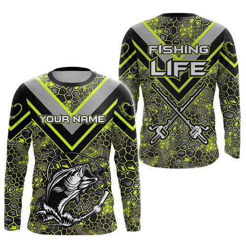 Personalized Bass Fishing Jerseys Shirts, Bass Fishing Camouflage Abstract Shirts Gift | Lime Green YYD0039