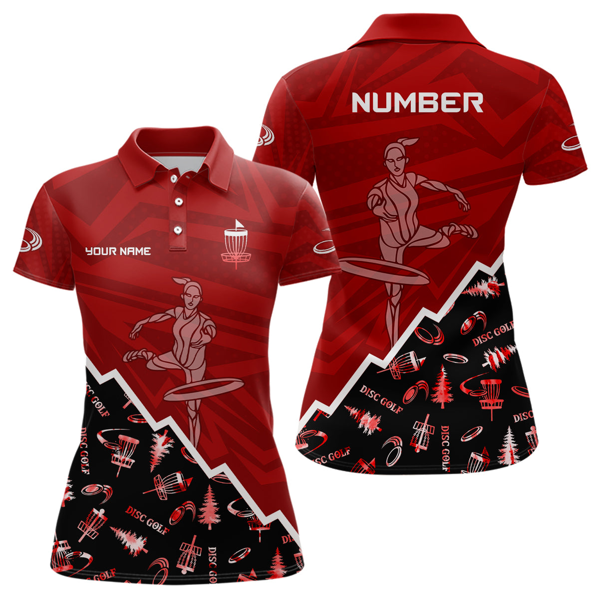 Pattern Color Womens Disc Golf Polo Shirt Custom Name & Number | Pink, Purple, Red YYD0045