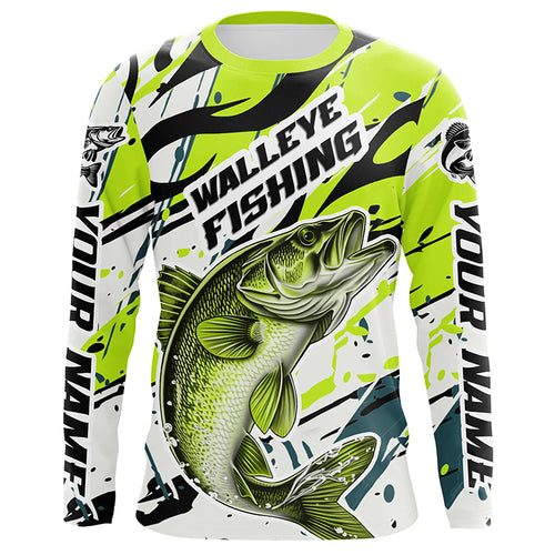 Personalized Walleye Fishing Jerseys, Walleye Fishing Camo Long Sleeve Fishing Shirts | Green IPHW6032