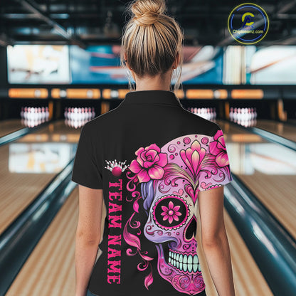 Pink Sugar Skull Tattoo Custom Women'S Bowling Polo Shirts, Halloween Team Bowling Jerseys IPHW5243