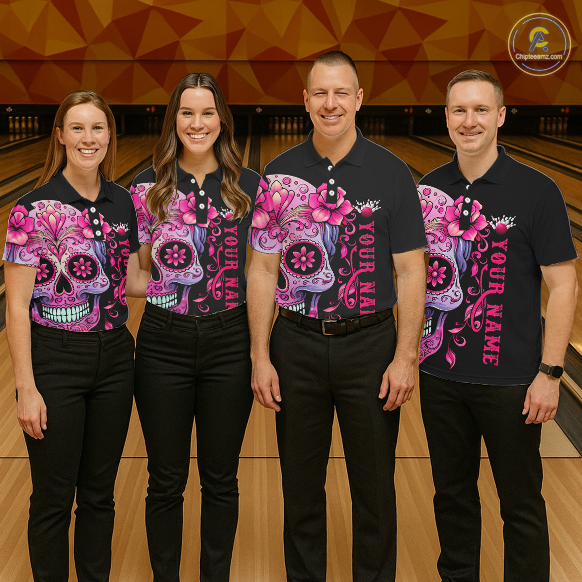 Pink Sugar Skull Tattoo Custom Unisex Team Bowling Polo Shirts, Halloween Team Bowling Jerseys IPHW5243