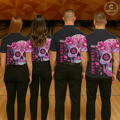 Pink Sugar Skull Tattoo Custom Unisex Team Bowling Polo Shirts, Halloween Team Bowling Jerseys IPHW5243