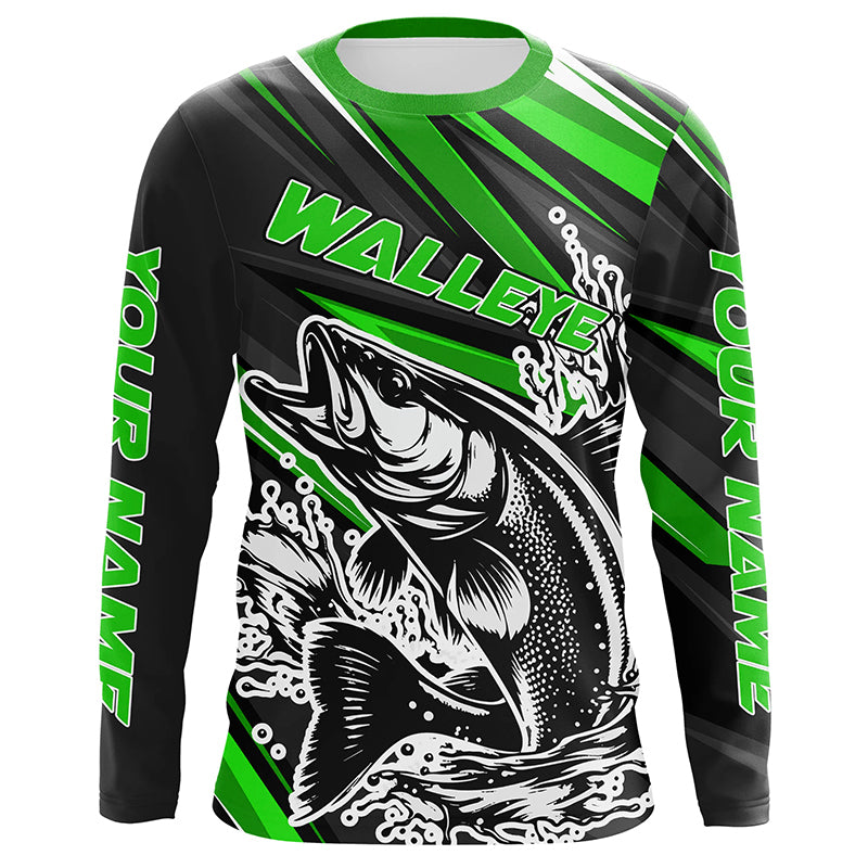 Personalized Walleye Fishing Jerseys, Walleye Fishing Long Sleeve Tournament Fishing Shirts | Green IPHW5789