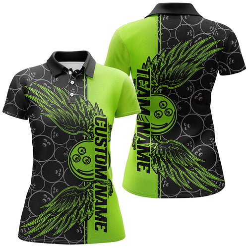 Black And Green Custom Ladies Bowling Tournament Team Shirts, Bowling Ball And Wings Jerseys IPHW6448