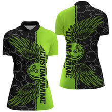 Load image into Gallery viewer, Black And Green Custom Ladies Bowling Tournament Team Shirts, Bowling Ball And Wings Jerseys IPHW6448