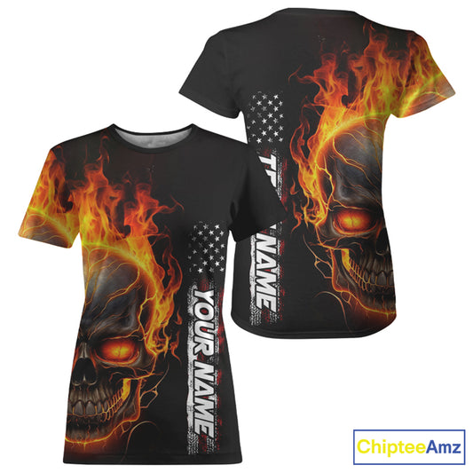 Flame Skull Custom Bowling Women T-Shirts Shirt,  Patriotic Bowling Team Jersey Halloween Outfit IPHW5275