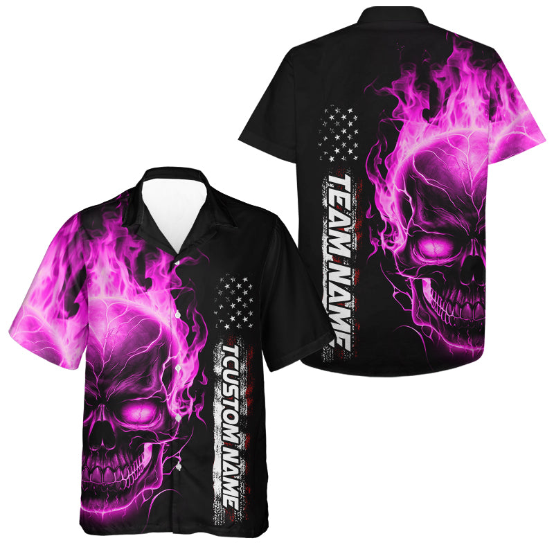 Custom Pink Flame Skull Bowling Men Hawaiian Shirts, Patriotic Bowling Shirt Halloween Outfit IPHW5279
